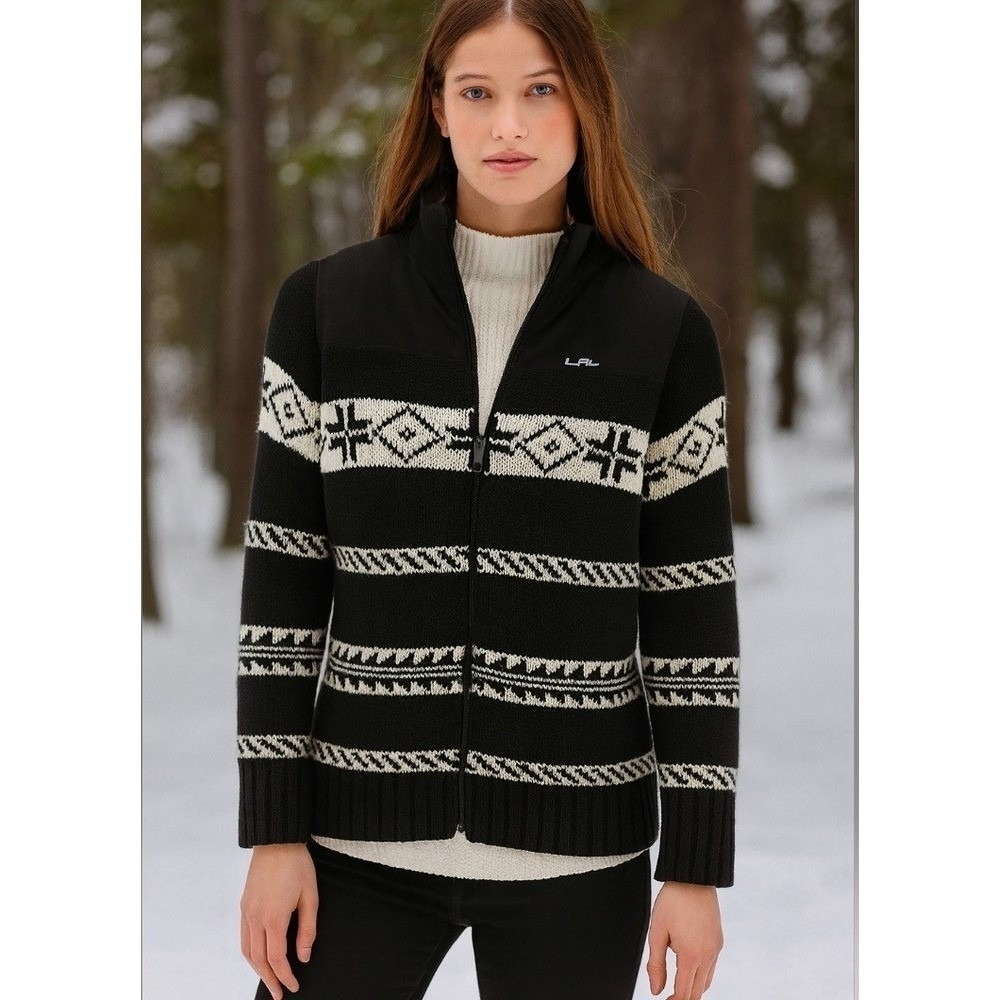 LRL Ralph Lauren Active Nordic Knit Sweater Jacket Women's Large Black Fair Isle